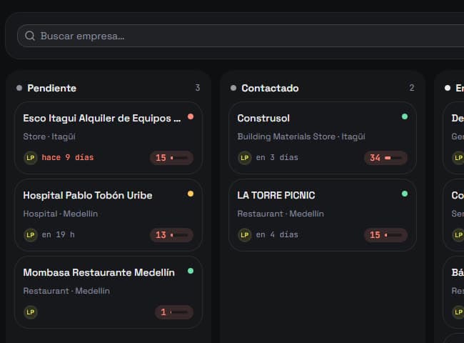 Pipeline de Orus IQ: columnas de Pendiente y Contactado con negocios reales, cada uno con su urgencia y score visibles.